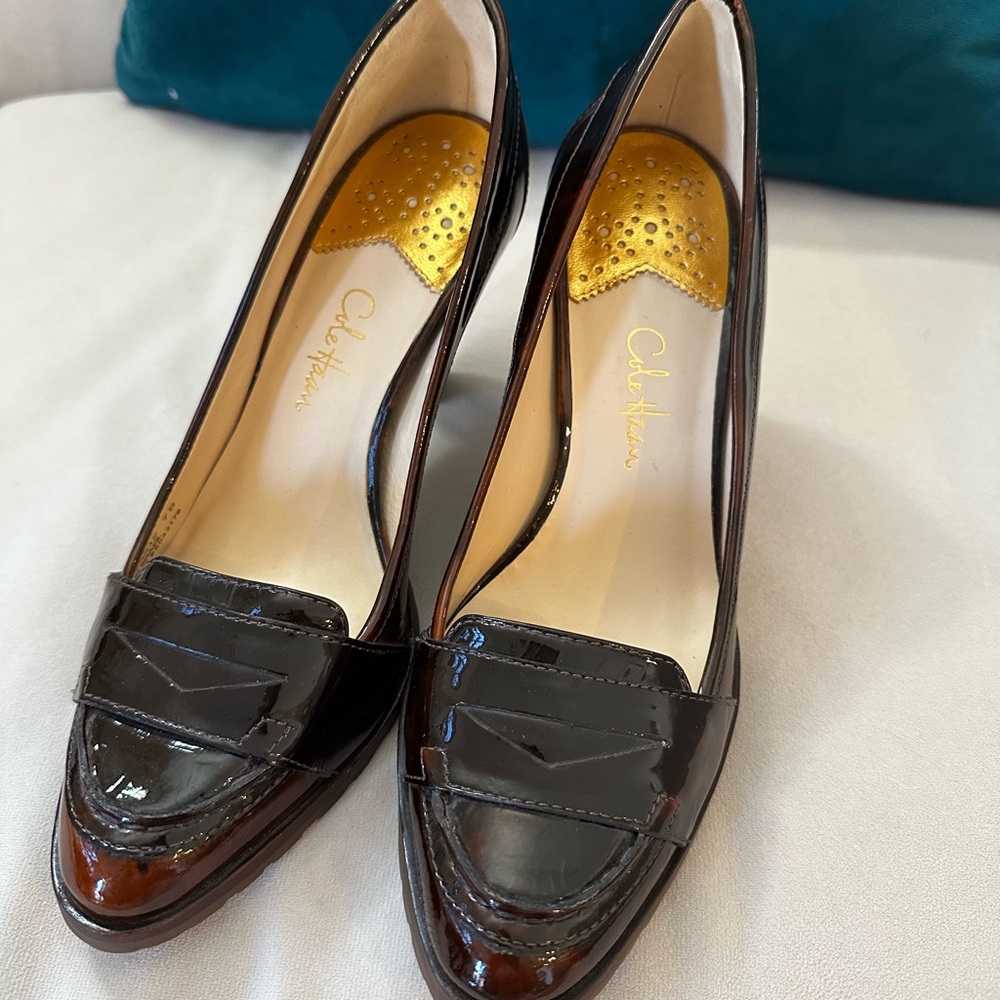 Cole Haan Dark Brown Patent Leather Loafers with Cap-Toe and Glossy Finish